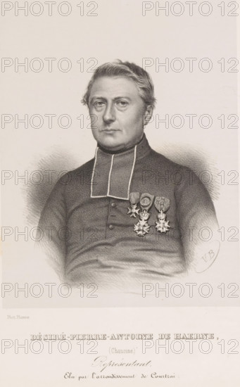 Désiré-Pierre-Antoine de Haerne, Reproduction of a photo of a portrait of Désiré de Haerne, print, reproduction, page, inscription: 'Représentant, Elu par l'arrondissement de Courtrai.', printmaker: Henri Borremans, Brussels, after photo by Alphonse Plumier, c. 1853 - in or before 1858, Henri Borremans, Alphonse Plumier, printmaker, paper, lithography, height 202 mm x width 153 mm, Person, Désiré de Haerne, historical persons, A monochrome portrait drawing of a man shown from the waist up wearing a dark clerical garment with a rectangular white-trimmed collar; he has short, combed hair and a neutral facial expression with eyes looking forward. Three decorative medals pinned to his chest hang from ribbons and display ornate star-shaped designs. Shaded pencil strokes create a soft halo effect behind his shoulders and subtle folds and buttons on his clothing. The lower area of the image shows a lighter background and the artist's initials inside an oval near the right edge.
