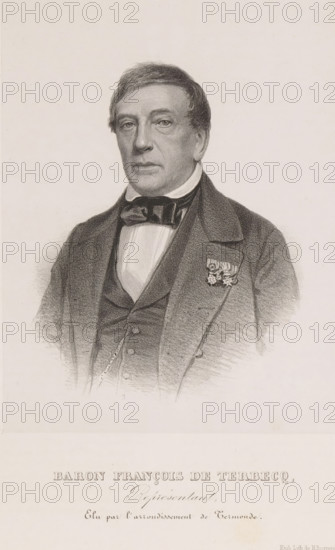 Reproduction of a photograph of a portrait of François van den Broucke de Terbecq, Baron François de Terbecq, print, reproduction, page, inscription: 'Représentant, Elu par l'arrondissement de Termonde.', printmaker: Henri Borremans, Brussels, after photo by anonymous, c. 1853 - in or before 1858, Henri Borremans, printmaker, paper, lithography, lithografie, height 194 mm x width 144 mm, Person, François van den Broucke de Terbecq, historical persons, A monochrome lithographic portrait of a middle-aged man shown from the chest up, wearing a dark coat over a vest and a high-collared shirt with a bow tie, his hair combed to the side and his face rendered with fine shading showing a neutral expression, a cluster of decorative medals pinned to his coat, and a pale background surrounding the figure.