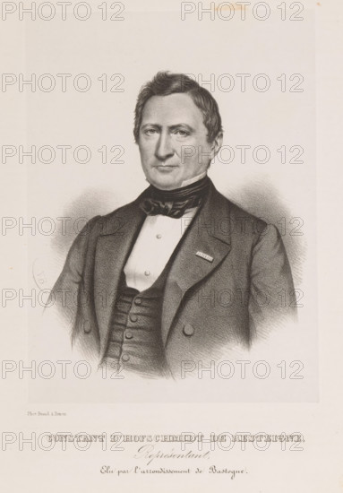 Constant d'Hofschmidt de Resteigne, Reproduction of a photograph of a portrait of Constant d'Hoffschmidt, print, reproduction, page, inscription: 'Représentant, Elu par l'arrondissement de Bastogne.', printmaker: Henri Borremans, Brussels, after photo by Brand & Detrez, c. 1853 - in or before 1858, Henri Borremans, Brand & Detrez, printmaker, paper, lithography, lithografie, height 204 mm x width 151 mm, Person, Constant d' Hoffschmidt, historical persons, A monochrome portrait drawing of a man shown from the torso upward wearing a dark formal coat over a buttoned waistcoat and a light shirt with a high collar and a dark cravat, his hair is short and combed, his face is neutral with visible eyes, nose and closed mouth, a small rectangular pin is attached to his coat lapel, the background is plain with subtle shading around his shoulders and the image has a broad light border around it.