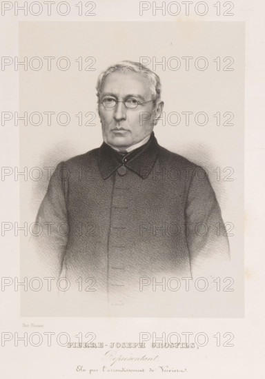 Pierre-Joseph Grosfils, Reproduction of a photograph of a portrait of Pierre Grosfils-Gérard, print, reproduction, page, inscription: 'Représentant, Elu par l'arrondissement de Verviers.', printmaker: Henri Borremans, Brussels, after photo by Alphonse Plumier, c. 1853 - in or before 1858, Henri Borremans, Alphonse Plumier, printmaker, paper, lithography, lithografie, height 201 mm x width 152 mm, Person, Pierre Grosfils-Gérard, historical persons, A grayscale portrait drawing of an older person shown from the chest up, wearing a dark, buttoned coat with a rounded collar and a high neck, short light hair, round eyeglasses, and a neutral facial expression, set against a plain light background.