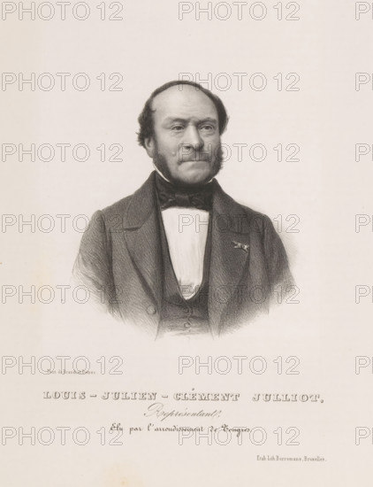 Reproduction of a photograph of a portrait of Louis Julliot, Louis-Julien-Clément Julliot, print, reproduction, page, inscription: 'Représentant, Elu par l'arrondissement de Tongres.', printmaker: Henri Borremans, Brussels, after photo by Brand & Detrez, c. 1853 - in or before 1858, Henri Borremans, Brand & Detrez, printmaker, paper, lithography, lithografie, height 191 mm x width 146 mm, Person, Louis Julliot, historical persons, A black and white lithographic portrait of a middle-aged man shown from the chest upward wearing a dark suit jacket, a waistcoat, a high-collared shirt, and a bow tie, with short dark hair, prominent sideburns, and a neutral facial expression, set against a plain light background with printed text visible below the portrait.