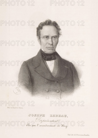 Joseph Lebeau, Reproduction of a photograph of a portrait of Joseph Lebeau, print, reproduction, page, inscription: 'Représentant, Elu par l'arrondissement de Huy.', printmaker: Henri Borremans, Brussels, after photo by Brand & Detrez, c. 1853 - in or before 1858, Henri Borremans, Brand & Detrez, printmaker, paper, lithography, lithografie, height 185 mm x width 140 mm, Person, historical persons, A monochrome portrait drawing of a man shown from the chest up wearing a dark double-breasted coat with wide lapels, a high-collared shirt, and a dark cravat tied at his neck; he has short wavy hair, sideburns, and round spectacles, and his expression appears neutral while he faces slightly to the viewer's left against a plain light background.