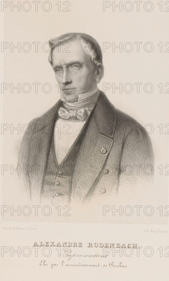 Alexandre Rodenbach, Reproduction of a photograph of a portrait of Alexander Rodenbach, print, reproduction, page, inscription: 'Représentant, Elu par l'arrondissement de Roulers.', printmaker: Henri Borremans, Brussels, after photo by De Keyser & Detrez, publisher: Eugène Bochart, c. 1853 - in or before 1858, Henri Borremans, De Keyser & Detrez, Eugène Bochart, printmaker, publisher, paper, lithography, lithografie, height 185 mm x width 137 mm, Person, Alexander Rodenbach, historical persons, A detailed pencil portrait of a man shown from the chest upward wearing a dark tailored coat over a buttoned waistcoat and a high-collared shirt with a decorative cravat; his hair is short and combed, his expression is neutral, and shading defines facial features and clothing folds against a plain light background.