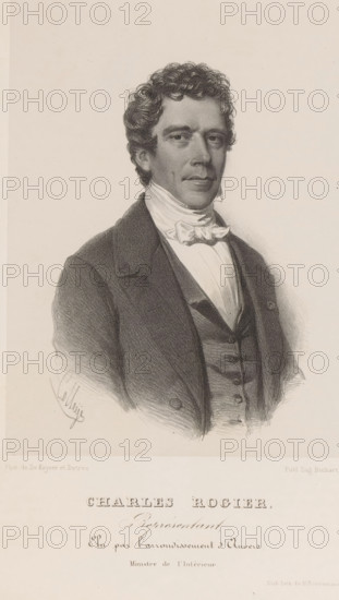 Charles Rogier, Reproduction of a photograph of a portrait of Charles Rogier, print, reproduction, page, inscription: 'Représentant, Elu par l'arrondissement de Anvers. Ministre de l'Intérieur.', printmaker: Henri Borremans, Brussels, after photo by De Keyser & Detrez, publisher: Eugène Bochart, c. 1853 - in or before 1858, De Keyser & Detrez, paper, lithography, lithografie, height 185 mm x width 135 mm, Person, Charles Latour Rogier, historical persons, A black and white lithographic portrait of a man shown from the chest up wearing a dark coat over a waistcoat and a high-collared shirt with a tied cravat, his hair is dark and curly, his face is turned slightly to one side with a neutral expression, shading and fine lines define facial features and clothing, and decorative printed text appears below the portrait on the page.