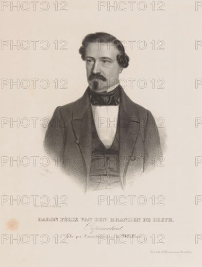 Reproduction of a photograph of a portrait of Félix van den Branden de Reeth, Baron Félix van den Branden de Reeth, print, reproduction, page, inscription: 'Représentant, Elu par l'arrondissement de Malines.', printmaker: Henri Borremans, Brussels, after photo by Brand & Detrez, c. 1853 - in or before 1858, Henri Borremans, Brand & Detrez, printmaker, paper, lithography, lithografie, height 185 mm x width 141 mm, Person, Félix van den Branden de Reeth, historical persons, A monochrome lithographic portrait of a man shown from the chest up wearing a dark suit jacket, waistcoat, high-collared shirt, and a dark bow at the neck, with neatly styled hair parted to one side and curled at the temples, a mustache and a small pointed beard, looking slightly to his left against a pale background with faint paper texture.