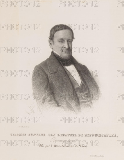 Vicomte Gustave van Leempoel de Nieuwmunster, Reproduction of a photograph of a portrait of Gustave de Leempoel de Nieuwmunster, print, reproduction, page, inscription: 'Représentant, Elu par l'arrondissement de Thuin.', printmaker: Henri Borremans, Brussels, after photo by Brand & Detrez, c. 1853 - in or before 1858, Henri Borremans, Brand & Detrez, printmaker, paper, lithography, lithografie, height 184 mm x width 140 mm, Person, Gustave van Leempoel de Nieuwmunster, historical persons, A monochrome drawn portrait of a seated man shown from the waist up, facing slightly toward the viewer with a neutral expression, short combed hair, sideburns, and a high-collared shirt beneath a dark cravat and a tailored coat with visible lapels; the drawing has soft shading and crosshatching, with the figure set against a blank light background and a wide margin around the image.