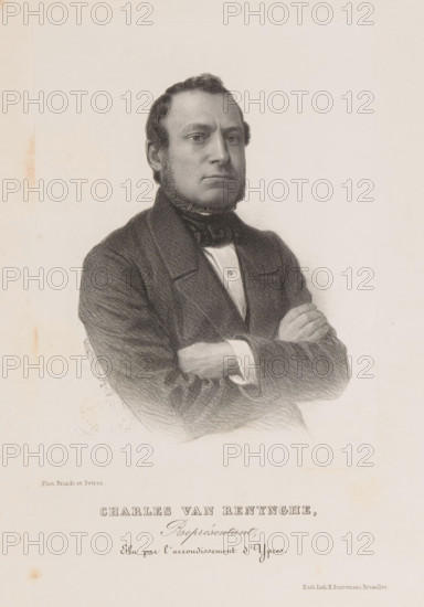 Reproduction of a photograph of a portrait of Charles van Renynghe, Charles van Renynghe, print, reproduction, page, inscription: 'Représentant, Elu par l'arrondissement de Ypres.', printmaker: Henri Borremans, Brussels, after photo by Brand & Detrez, c. 1853 - in or before 1858, Henri Borremans, Brand & Detrez, printmaker, paper, lithography, lithografie, height 188 mm x width 143 mm, Person, historical persons, A monochrome portrait of a seated man shown from the waist up with arms crossed, wearing a dark jacket over a light shirt and a dark neckwear, his hair short and sideburns visible, his expression neutral, the background plain and light, and the lower portion of the image showing a wide blank margin.