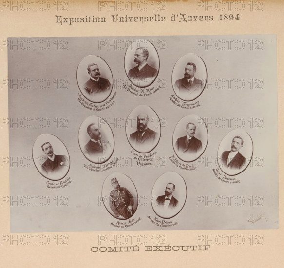 Comité Exécutif, Ten portraits in medallion form of the executive committee of the Antwerp World Exhibition in 1894, Exposition Universelle d'Anvers 1894, photograph, page, name: 'Vicomte A. de Nieutant et de Pottelsberghe, Vice-President du Comité exécutif.', name: 'Alphonse Hertogs, Vice-President Director Général.', name: 'Comte de Pret Roose, de Calesberg, Président.', name: 'Henri Beliard, Membre du Comité exécutif.', name: 'Stanislas H. Hain, name: 'H. Albert de Barij, name: 'Alexis Mols, name: 'Comte de Ramaix, Secrétaire Général.', name: 'Adolphe Verspreeuwen, check stamp: 'Th. Lantin, Photograph, AACHEN, Friedn. Wilhelm.., 1896.', name: 'Désiré Janssens, photographer: Th. Lantin, 1896, paper, gelatin silver print, developing gelatin silver print, height 157 mm x width 216 mm, Photo opposite title page., historical persons, A faded sepia poster showing a grid of oval portrait photographs of men in late nineteenth century attire arranged on a pale gray background with a wider be...