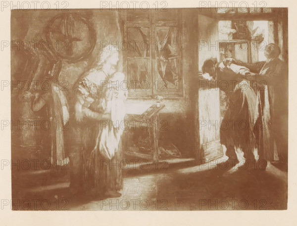Photo reproduction of a painting of good and evil in an anteroom by Willem Linnig (II), photograph, reproduction, page, photographer: Alexandre van Antro, after painting by Willem Linnig (II), c. 1891 - in or before 1896, paper, daylight collodion silver print, height 118 mm x width 162 mm, vestibule, hall, Bad, Evil, Wrong, Good, Right, A sepia-toned scene showing an interior with a window at center, broken panes visible, and light coming through; to the left a woman in a long dress and shawl holds a small swaddled child and stands near a table or lectern; to the far left a chair and a large circular object hang on the wall; to the right a man supports another person who leans forward toward a doorway, and a second figure stands behind them near a shelving unit; the floor shows tiles and patches of light and shadow.