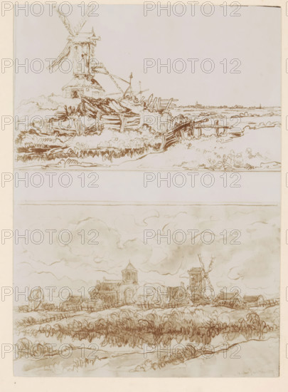 Photo reproduction of two drawings of windmills in a landscape by Willem Linnig (II), photograph, reproduction, page, Above a windmill in a landscape near Knokke in Belgium, below a windmill in a landscape near Wenduine in Belgium., photographer: Alexandre van Antro, after drawing by Willem Linnig (II), c. 1891 - in or before 1896, paper, daylight collodion silver print, height 169 mm x width 121 mm, windmill in landscape, Wenduine, Knokke, A vertical sheet containing two horizontal ink sketches separated by a blank band; the top sketch shows a coastal hill with a windmill on a raised base, its sails angled and a small door visible, surrounded by rough wooden fences and low vegetation with a simple pier extending toward a flat shoreline in the distance; the lower sketch, drawn with lighter wash, depicts a village skyline with clustered buildings and a church tower, a windmill among rooftops, rolling fields and hedges in the foreground, and a sky filled with soft, billowing cloud shapes...