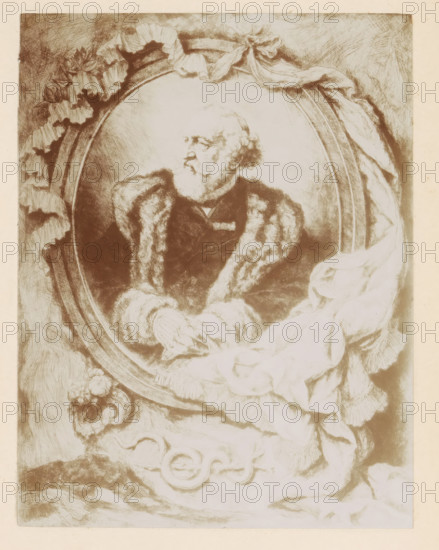 Photo reproduction of an etching of a portrait of Albert Passenbronder by Willem Linnig (II), photograph, reproduction, page, photographer: Alexandre van Antro, after print by Willem Linnig (II), c. 1891 - in or before 1896, Willem Linnig (II), after print by, paper, daylight collodion silver print, height 154 mm x width 118 mm, Person, Albert Passenbronder, historical persons, A sepia-toned portrait shows an older man in profile within an oval frame draped with fabric and ribbons, the man wearing a fur-lined coat and looking to the left with a beard and curly hair, his hands resting in front of him and a soft textured background surrounding the framed medallion.