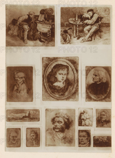 Photo reproduction of thirteen etchings of portraits of musicians and unknown people and landscapes by Willem Linnig (II), photograph, reproduction, page, photographer: Alexandre van Antro, after print by Willem Linnig (II), c. 1891 - in or before 1896, Willem Linnig (II), after print by, paper, daylight collodion silver print, height 169 mm x width 122 mm, historical persons not known by name, landscapes, historical persons not known by name - BB - woman, musician at work, A tall rectangular sheet displays multiple small sepia-toned etchings arranged in rows, each framed by a pale margin; near the top left an etching shows a seated man leaning over a large stringed instrument beside a cluttered table with vessels and plates, and beside it to the right another etching depicts a seated older man at a round table reaching toward a pitcher with a violin resting against the table and a cloth on the floor; below these, in the center, an oval-framed portrait of a young person with curly hair...