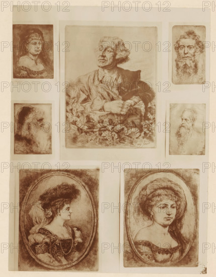 Photographic reproduction of seven etchings of portraits of unknown people by Willem Linnig (II), photograph, reproduction, page, photographer: Alexandre van Antro, after print by Willem Linnig (II), c. 1891 - in or before 1896, Willem Linnig (II), after print by, paper, daylight collodion silver print, height 163 mm x width 121 mm, historical persons not known by name, historical persons not known by name - BB - woman, A vertical arrangement of sepia-toned portrait prints on a pale background, featuring a large central rectangular portrait of an older person with curly hair and folded hands surrounded by floral elements, flanked by smaller rectangular and oval portraits showing various faces in profile and three-quarter views, including bearded male heads and women with styled hair and period clothing; the images display detailed line work and shading with visible borders and margins, and the overall sheet shows some light discoloration and worn edges.