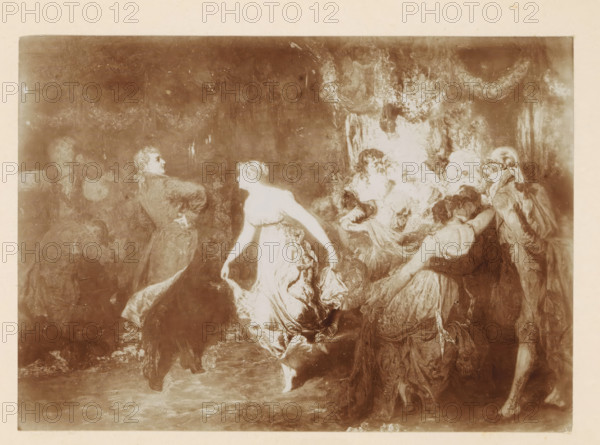 Photo reproduction of a painting of a group of people dancing the minuet by Willem Linnig (II), photograph, reproduction, page, photographer: Alexandre van Antro, after painting by Willem Linnig (II), c. 1891 - in or before 1896, paper, daylight collodion silver print, height 118 mm x width 166 mm, adult woman, adult man, group dancing, A faded sepia image shows several people in flowing period clothing arranged in a lively scene; a central woman in a light dress is stepping forward with one arm extended and a draped skirt, while a man opposite her stands with a turned profile and one hand on his hip. Around them are other figures in elegant garments, some seated and some leaning, with visible facial features and varied hairstyles, and a musician holding a violin at the left edge. The background is dark and textured with lighter brushlike marks near the upper right, and the scene sits within a pale border.