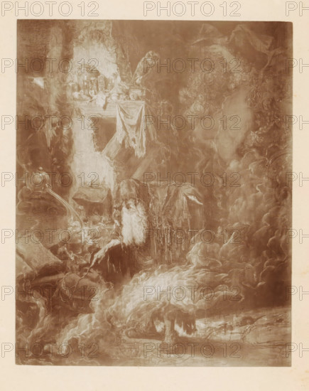 Photo reproduction of a painting of a man conjuring something supernatural by Willem Linnig (II), photograph, reproduction, page, photographer: Alexandre van Antro, after painting by Willem Linnig (II), c. 1891 - in or before 1896, paper, daylight collodion silver print, height 148 mm x width 118 mm, adult man, witch(es), sorcerer(s) at work, mysterious phenomena and occurrences, A sepia-toned illustration showing a bearded figure wearing tattered robes seated near a fireplace, surrounded by swirling smoke and clouds; above the figure a shelf holds assorted objects including draped fabric and an owl perched on the edge; to the left there are vessels and a large glass container with a curved neck; to the right the composition dissolves into billowing, textured clouds and a faint suggestion of organic shapes; the scene is bordered by a pale margin.