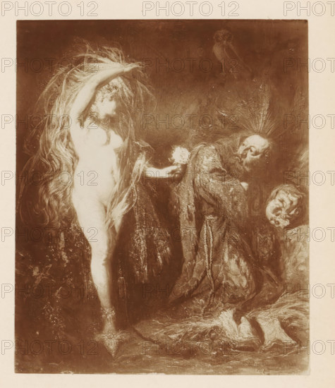 Photo reproduction of a painting of the Temptation of Saint Anthony by Willem Linnig (II), photograph, reproduction, page, photographer: Alexandre van Antro, after painting by Willem Linnig (II), c. 1891 - in or before 1896, paper, daylight collodion silver print, height 143 mm x width 118 mm, the erotic visions of St. Antony Abbot: he is tempted by (naked) women, but drives them off by praying, or by showing them a crucifix, A sepia-toned illustration showing a nude female figure standing with flowing long hair and a veil, her arm raised above her head and the other extended holding a flower toward a robed male figure who is seated or leaning, his face turned toward the woman and a halo-like burst around his head; the male figure wears heavy drapery with textured folds and there is a second partial face or mask near his side; the background is dark and painterly with swirling brushwork and faint sketchy forms.