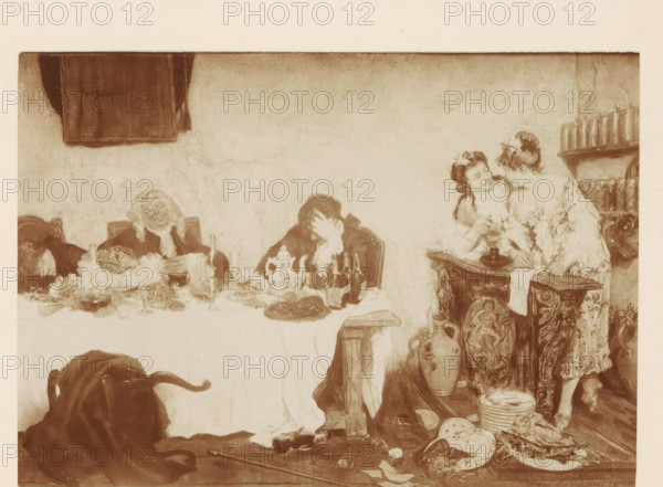 Photo reproduction of a painting of Rabelais's quarters by Willem Linnig (II), photograph, reproduction, page, photographer: Alexandre van Antro, after painting by Willem Linnig (II), c. 1891 - in or before 1896, Alexandre van Antro, Willem Linnig (II), photographer, after painting by, paper, daylight collodion silver print, height 113 mm x width 161 mm, adult woman, adult man, banquet of elegant company, A sepia-toned scene of a banquet with a long table covered by a cloth and scattered dishes, glassware, and serving pieces, with three seated figures wearing old-fashioned clothing and wigs, two of whom have their heads bowed on the table and one with a hand over the face. To the right, two standing women in ornate dresses lean toward each other near an intricately carved wooden sideboard topped with plates and a large pitcher, and shelves holding bottles rise behind them. The foreground shows overturned chairs, a draped cloak, broken plates, stacked dishes, scattered food, a cane, and...