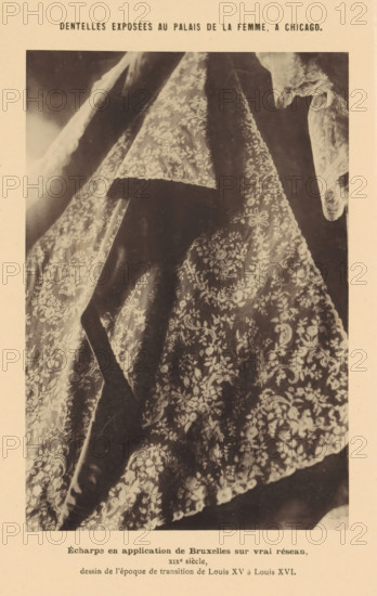 Scarf with embroidery, Écharps en application de Bruxelles sur vrai réseau, Dentelles exposées au Palais de la Femme, a Chicago, page, photomechanical print, inscription: 'XIXe siècle, dessin de l'époque de transition de Louis XV à Louis XVI.', Chicago, c. 1888 - in or before 1893, North America, Illinois, paper, collotype, photoprint, height 165 mm x width 111 mm, accessories (, clothing), A close-up photograph of layered lace fabric with floral and ornamental patterns, showing scalloped edges and draping folds; the lace appears light against a darker background, with areas of denser embroidery and delicate motifs throughout; the image is framed by a lighter border.