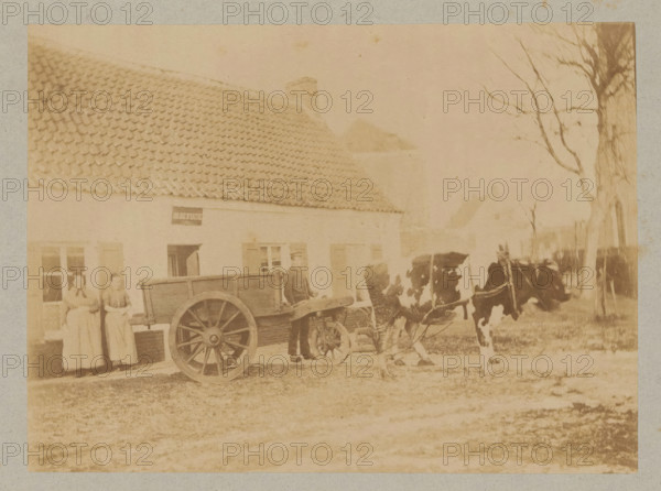 Farmer with a cart pulled by a cow, photograph, page, c. 1888 - in or before 1893, photographer, paper, albumen print, height 118 mm x width 160 mm, farmers, cow, two-wheeled vehicle drawn by one animal, A faded sepia scene shows a building with a tiled roof and shuttered windows, a wooden cart with large spoked wheels in front of it, two women standing near a doorway, a man beside the cart, a harnessed cow facing sideways, and a bare-branched tree at the right edge.