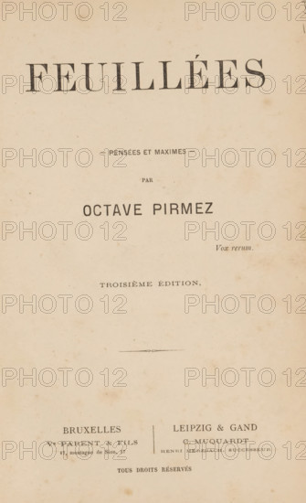 Feuillées, pensées et maximes by Octave Pirmez, book, inscription: '...', dedication: 'a Monsieur Alexandre Charlier., Souvenir de l'author., OP, Acoz. le 29 juilliet 1872.', annotation: 'JULY, 1998', writer (clerical worker): Octave Pirmez, publisher: Parent et Fils, Brussels, publisher: C. Muquardt, Ghent, Leipzig, c. 1875, Octave Pirmez, Parent et Fils, C. Muquardt, writer (clerical worker), publisher, Saxony, pasteboard, biological material, paper, leather, printing, decorated paper, combined marbled paper, albumen print, height 234 mm x width 158 mm x thickness 24 mm, A faded off-white page with aged spots and discoloration, featuring large dark serif lettering across the top and several lines of smaller dark type centered down the page, a small ornamental flourish near the middle, a few faint stains and smudges scattered across the surface, and a horizontal rule separating two blocks of printed information near the lower portion.