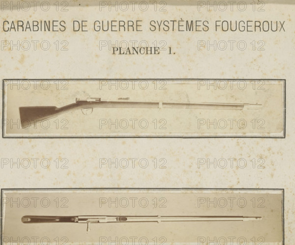 Rifle, photograph, page, Above a side view, below a top view., name: 'Ed. Magis photographe Liège.', inscription: 'Carabines de guerres systèmes Fougeroux', number: 'Planche 1.', photographer: Edouard Magis, Liège, c. 1857 - in or before 1867, paper, albumen print, height 253 mm x width 178 mm, Images in section at the back., A faded, aged page with two horizontal framed photographs of long rifles; the upper photograph shows a wooden-stocked rifle with a curved butt, a slender barrel, a trigger and simple sighting hardware, all set against a light, mottled background, and the lower photograph shows another long firearm with a straight stock, metal fittings along the barrel, and a bayonet lug, also set within a rectangular border on the same spotted paper.