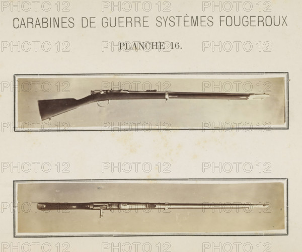 Rifle, photograph, page, Above a side view, below a top view., inscription: 'Carabines de guerres systèmes Fougeroux', number: 'Planche 16.', photographer: Edouard Magis, Liège, c. 1857 - in or before 1867, paper, albumen print, height 247 mm x width 167 mm, Images in section at the back., A faded off-white page showing two horizontal rectangular framed photographs of long rifles, the top photograph depicting a full wooden-stock rifle set against a light background and the bottom photograph depicting a rifle shown in a darker toned image with parts of the metal mechanism exposed; both framed photographs have thin double-line borders and the page shows light age spots and slight stains.