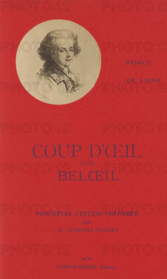 Photo reproduction of a drawn portrait, probably by Charles-Joseph de Ligne, photograph, reproduction, page, inscription: 'AJ Lale...ze', printmaker: unknown, after drawing by anonymous, c. 1903 - in or before 1908, photographer, paper, gelatin silver print, developing gelatin silver print, height 60 mm x width 60 mm, Photo on title page., Person, Charles Joseph (Prince de Ligne), historical persons, A rectangular red book cover with a circular beige portrait near the top showing a sketched head-and-shoulders of a person with curled hair and an earring, the portrait rendered in fine dark lines; to the right of the circle are small dark words arranged vertically; large dark title text is centered below the portrait; additional smaller dark lines of text appear beneath the title and near the bottom, all set against the red background.