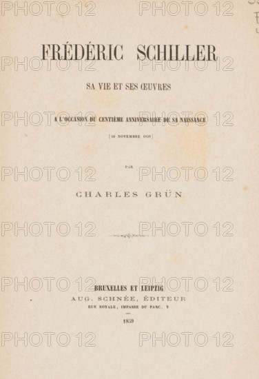 Frédéric Schiller, his life and his oeuvres : a centième anniversary of the naissance (November 10, 1859), by Charles Grün, book, annotation: 'Photo mis de Radaux', writer (clerical worker): Charles Grün, publisher: Auguste Schnée, Brussels, Leipzig, 1859, writer (clerical worker), Saxony, textile materials, pasteboard, paper, linen (material), printing, albumen print, snail marbled paper, stone marbled paper, height 217 mm x width 148 mm x thickness 11 mm, A rectangular page with aged, off-white paper showing slight foxing and faint stains, centered layout with bands of darker print impression near the top and middle, a small decorative flourish near the center, and a clear area of lighter paper toward the bottom, all set within a margin of blank space.