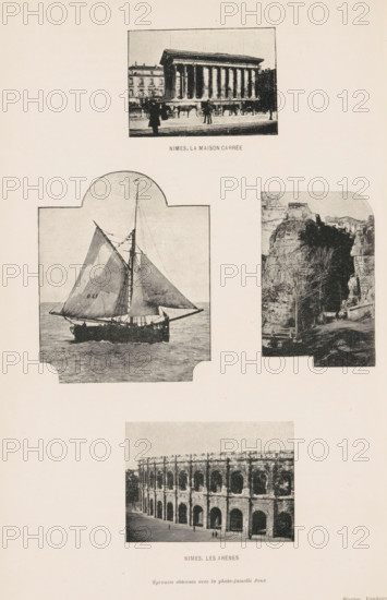 Photomontage of the Maison Carrée, the arena and views around Nimes, page, photomechanical print, photomontage, inscription: 'Nimes, La Maison Carrée, Nimes, Les Arènes, Épreuves obtenues avec la photo-junelle Joux', Nîmes, cliché maker: L. Vandamme, c. 1896 - in or before 1900, photographer, paper, autotypie, height 210 mm x width 137 mm, sailing-ship, sailing-boat, temple, shrine, Roman religion, Arena van Nîmes, Maison Carrée, A vertical sheet showing four sepia-toned photographic images arranged down the page, each framed with decorative borders, the top image depicting a classical rectangular building with a row of tall columns and figures and carriages visible in front, the second row featuring a left image of a sailing vessel with prominent sails on the water and a right image of a rocky cliffside with trees and structures atop, the bottom image showing a large stone arena with multiple arched openings and a paved area in front with tiny figures, all images set against a plain l...