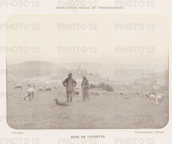 Landscape with sheep herders, Brin de causette, page, photomechanical print, inscription: 'Association Belge de photographie.', photographer: Abbé Motus, cliché maker: Jean Malvaux, Brussels, c. 1893 - in or before 1898, paper, autotypie, height 119 mm x width 168 mm, landscapes, herding, herdsman, herdswoman, shepherd, shepherdess, cowherd, sheep, A sepia-toned rectangular image with rounded corners shows a grassy hillside dotted with grazing sheep and a dog lying on the ground; two men in long coats and hats stand near the center facing slightly toward each other while overlooking a distant village with church spires and low buildings set against rolling hills under a pale sky.