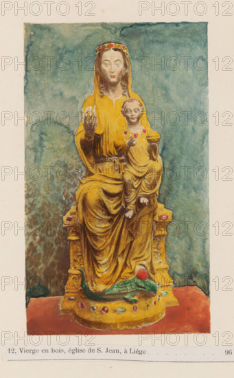 Vierge en bois, église de S. Jean, à Liége, Mary with Child, photograph, page, c. 1877 - in or before 1882, photographer, paper, albumen print, hand coloring, hand colored in yellow, red and blue, height 151 mm x width 137 mm, Madonna: ie Mary with the Christ-child, A painted depiction of a seated female figure wearing a long yellow robe and a jeweled crown, holding a smaller child figure on her lap; the child also wears a yellow garment and a necklace of red gems, and both figures have pale faces and visible hair. The seated figures rest on an ornate golden throne decorated with jewel-like accents and sculpted details, and a green serpent-like creature with a red round element lies at the base of the throne. The background is a mottled teal wash within a rectangular frame, and the whole scene sits above a pale border with printed elements partially visible at the bottom.