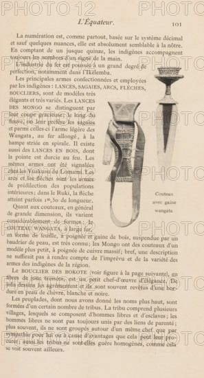 Knife with sheath, page, photomechanical print, c. 1892 - in or before 1897, paper, autotypie, height 95 mm x width 25 mm, tools, aids, implements, crafts and industries: knife, scabbard, sheath, A page from a printed book with a heading near the top and a column of dense serif text filling most of the left and center, adjacent to two grayscale photographic illustrations on the right showing a sheath with straps and decorative stitching and a long bladed knife with a textured handle and a patterned top, all on a light cream paper background.