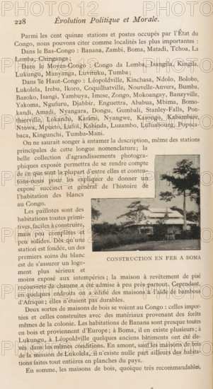 Habitation en bois, Mayombe, View of a wooden house in Mayombe, page, photomechanical print, Congo (country), cliché maker: Jean Malvaux, c. 1892 - in or before 1887, photographer, paper, autotype, height 68 mm x width 101 mm, facade (of house or building), A printed book page with a heading at the top and multiple paragraphs of text in a serif font filling most of the page, showing an inset black-and-white photograph on the right side depicting a house with a pitched roof partly obscured by trees and vegetation, framed by a rectangular border and a caption beneath it, and the paper shows a slightly aged, yellowed texture.