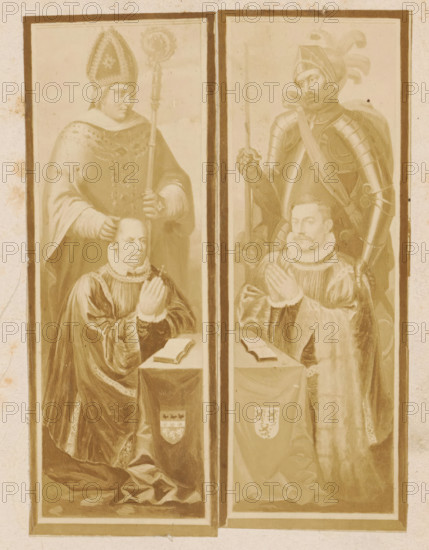 Photo reproduction of a design of a praying man, with a bishop behind him, photograph, reproduction, page, after design by anonymous, c. 1862 - in or before 1867, photographer, paper, albumen print, height 141 mm x width 52 mm, archbishop, bishop, etc. (Roman Catholic), one person praying, A vertically split image shows two tall rectangular panels side by side, each containing a kneeling figure in front of a small table with an open book and a standing figure behind them; on the left panel a robed man wearing an ornate tall hat holds a staff behind a kneeling man with folded hands, both dressed in flowing garments with decorative trim, and a shield emblem on the tablecloth; on the right panel an armored figure with a plumed helmet stands behind a kneeling man with a ruffled collar and folded hands, with a cloak draped over the armored figure and a shield emblem on the tablecloth.