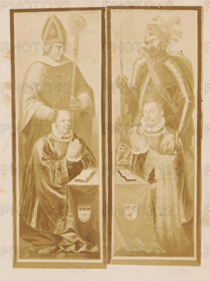 Photo reproduction of a design of a praying man, with a soldier behind him, photograph, reproduction, page, after design by anonymous, c. 1862 - in or before 1867, photographer, paper, albumen print, height 141 mm x width 52 mm, one person praying, private soldier, A vertically split image shows two narrow panels each framed by a dark border. In the left panel a cleric wearing an ornate mitre and a long patterned robe stands behind a kneeling man dressed in formal robes with a ruffled collar; the cleric holds a staff and places a hand on the kneeling man's head while the kneeling man has hands clasped over a small open book on a covered table. In the right panel an armored figure with a plumed helmet and a spear stands behind another kneeling man in similar formal robes and ruffled collar; the armored figure rests a hand on the kneeling man's head while the kneeling man has hands clasped above a small open book on a covered table. The overall palette is sepia-toned with visible fabric ...