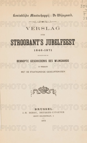 Report on Stroobant's jubilee celebration, 1846-1871, followed by the concise history of the Wijngaard in connection with the political events, Royal Society De Wijngaard Xavier Havermans and Frans Luyten, book, annotation: 'To my son Paul, Stroobant, April 25, 1872.', number: '650-', bookplate: 'EX, SFJ, LIBRIS', annotation: 'FEB 1983', publisher: J.-H. Dehou, Brussels, compiler (person in literature): Royal Society De Wijngaard, 1872, J.-H. Dehou, Koninklijke Maatschappij De Wijngaard, publisher, compiler (person in literature), pasteboard, paper, printing, albumen print, height 235 mm x width 145 mm x thickness 10 mm, A faded cream-colored page with a centered layout showing multiple lines of printed black text in various serif and decorative fonts, decorative flourishes above and below the main headings, a decorative emblem resembling a crown with ornate ribbons in the middle area, and faint pencil marks near the top right edge; the paper shows slight age spots and uneven coloratio...