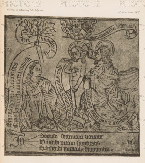 Reproduction of a design of a Christian scene, reproduction, page, photomechanical print, cliché maker: Asser & Toovey, after design by anonymous, printer (person): Simonau & Toovey, Brussels, c. 1859 - in or before 1864, photographer, printer (person), paper, photolithography, height 128 mm x width 123 mm, saints, Christ, A monochrome printed illustration framed by a dark rectangular border shows three robed figures with halos; one figure kneels with hands clasped, another stands with one hand raised to their chest, and a third stands placing a hand on the central figure's head. Above them a crowned bearded face with wings appears at the top center, and a leafy branch or small tree extends from the upper left into the scene. Curving scrolls weave around the figures and across the composition. The ground is indicated with stylized grass and drapery lines on the robes and background.