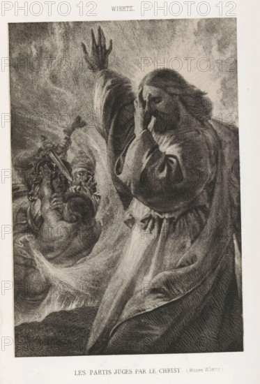 Les partis juges par le christ, Reproduction of The Dispositions Judged by Christ by Antoine Wiertz, reproduction, page, photomechanical print, inscription: 'Musée Wiertz', cliché maker: Asser & Toovey, after design by Antoine Joseph Wiertz, printer (person): Simonau & Toovey, c. 1862 - in or before 1867, photographer, printer (person), paper, photolithography, height 165 mm x width 114 mm, Print two pages before page 254., Christ, A grayscale illustration of a robed figure with long hair and a beard, shown from the side and facing left, raising one arm while the other hand covers part of the face; light or a halo radiates around the head and the robe has detailed folds and texture; to the left, a group of smaller figures with contorted faces and a variety of gestures are clustered amid swirling lines that suggest movement; the background is filled with textured shading and streaks that create a dynamic, cloudy atmosphere; a narrow white border surrounds the scene and there is printed ...