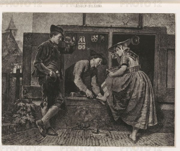 Le cordonnier zélandais, Reproduction of The shoemaker from Zeeland by Adolf Alexander Dillens, reproduction, page, photomechanical print, inscription: 'Cabinet de M. Ch. Verbessen', after design by Adolphe Alexandre Dillens, c. 1862 - in or before 1867, photographer, paper, photolithography, height 114 mm x width 145 mm, Print two pages before page 39., historical persons, shoe-maker, cobbler, A monochrome engraving shows three people gathered around a wooden chest set into a wall; a man standing to the left wears a hat and a striped jacket and rests one hand on the chest while looking toward the center; a second man kneels and leans into the chest with his hands inside it and his head bowed; a woman on the right sits on the edge of the chest wearing a dress with a full skirt and a bonnet, holding an object in her lap and looking toward the kneeling man; the chest interior displays pairs of shoes hanging on the back wall; architectural elements and textured surfaces form the backgroun...