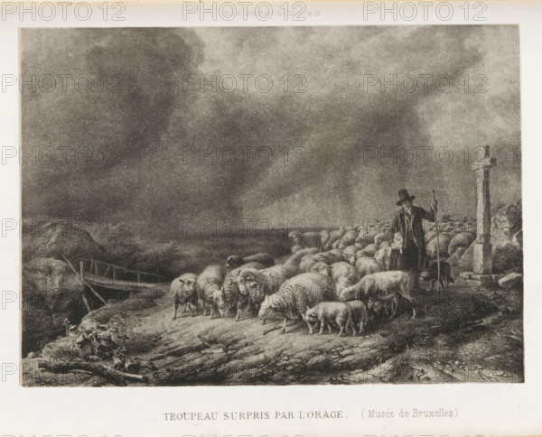 Reproduction of Flock of sheep surprised by the thunderstorm by Eugène Joseph Verboeckhoven, Troupeau surpris par l'orage, reproduction, page, photomechanical print, inscription: 'Musée de Bruxelles', after design by Eugène Verboeckhoven, c. 1862 - in or before 1867, Eugène Verboeckhoven, photographer, after design by, paper, photolithography, height 112 mm x width 156 mm, Print two pages before page 76., herding, herdsman, herdswoman, shepherd, shepherdess, cowherd, sheep, herd, flock, A detailed monochrome print shows a large flock of sheep clustered on rough ground with varied woolly textures, some facing forward and others grazing, while a man wearing a hat and long coat stands among them holding a staff and looking outward; to his side a tall stone cross rises from a rocky base, and a dog sits near his feet; in the background a dark cloudy sky looms over a distant shoreline with a beached boat and scattered rocks, and the foreground shows uneven terrain with tufts of grass and sma...