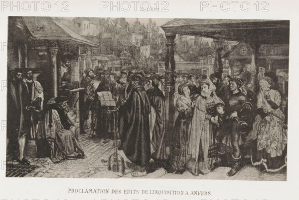 Proclamation des édits de l'inquisition an anvers, Reproduction of a work by Henri Leys, reproduction, page, photomechanical print, inscription: 'Gaerie de Mr De Liedekerke de Beaufort', cliché maker: Asser & Toovey, after design by Henri Leys (baron), printer (person): Simonau & Toovey, c. 1862 - in or before 1867, Asser & Toovey, Henri Leys (baron), Simonau & Toovey, photographer, cliché maker, after design by, printer (person), paper, photolithography, height 95 mm x width 164 mm, Print two pages before page 183., historical persons, crowd, mob, A wide monochrome scene shows a crowded town square beneath a covered arcade with columns and a tiled floor, filled with people wearing historical clothing and headwear. Several figures stand together near a central column while one robed man faces a small lectern holding a sheet, and a seated man nearby has his hand to his face. To the right, groups of women and children cluster, some with shawls or veils and one child holding a round objec...