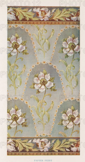 Wallpaper design, Papier Peint, page, photomechanical print, inscription: 'Chromophototypogravure', cliché maker: Jean Malvaux, Brussels, c. 1899 - in or before 1904, photographer, paper, three-color autotype, height 196 mm x width 96 mm, wall-paper, A vertical decorative panel showing a repeating floral wallpaper design with a pale blue textured background and scalloped garlands of small daisylike flowers. Large stylized blossoms with soft white and pale pink petals and greenish centers are positioned within the scalloped arches, each accompanied by curling green stems and elongated leaves. The top and bottom edges feature a horizontal border with larger ornate leaves and flowers in shades of green, cream, and muted pink on a darker background, separated from the central field by a narrow band with a decorative pattern. The overall palette is soft pastels and muted greens against the blue field.