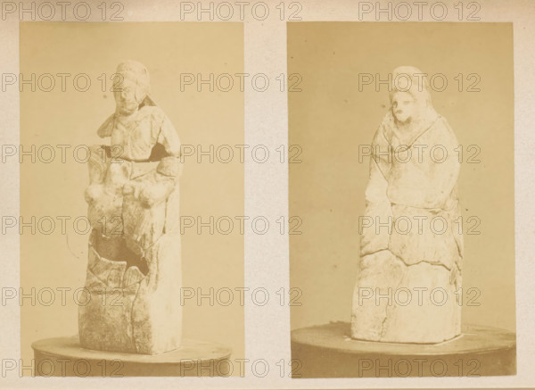 Reconstructed sculpture, excavated at Juslenville in 1868, photograph, page, c. 1868 - in or before 1869, photographer, paper, albumen print, height 116 mm x width 74 mm, Photo on fifth page after page 26., sculpture, Two vertically oriented sepia photographs placed side by side on a textured pale background show tall, weathered stone figures mounted on round bases; the left figure appears fragmented with visible cracks and a worn head with indistinct facial features and a torso showing blocky, broken sections, while the right figure is taller and smoother with a covered head, softened facial features, and layered, cracked surfaces along the body, both images framed by rectangular margins and sharing similar neutral backdrops.