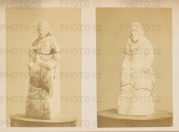 Reconstructed sculpture, excavated at Juslenville in 1868, photograph, page, c. 1868 - in or before 1869, photographer, paper, albumen print, height 116 mm x width 74 mm, Photo on fifth page after page 26., sculpture, Two vertical sepia photographs placed side by side show carved stone figures on round bases against plain backgrounds; the left figure appears seated with a rounded head and draped upper body, a fragmented torso and layered lower section with visible breaks and surface texture, while the right figure appears upright with a hooded or wrapped head, a rounded face and a long segmented body with cracks and irregular surfaces, both images framed by a light border and mounted on a pale matte.
