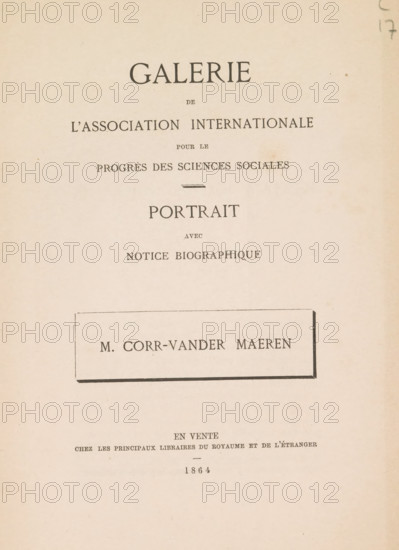 Galerie de l'International Association for the Progress of Social Sciences : portrait with notice biographique, Edouard Sève, book, annotation: '...', annotation: 'Brabant', writer (clerical worker): attributed to Édouard Sève, printer (person): attributed to Bols-Wittouck, Brussels, 1864, Édouard Sève, Bols-Wittouck, writer (clerical worker), printer (person), Attributed to, paper, printing, lithography, albumen print, height 252 mm x width 165 mm x thickness 2 mm, A mostly blank aged page with centered printed headings and a rectangular framed box, light beige paper with subtle spots and wear. The top shows a large bold heading, followed by smaller lines of uppercase text arranged in a vertical stack with spacing between lines. Beneath the central headings is a thin horizontal flourish, then a larger single-word heading, more small uppercase lines, and a rectangular outlined box containing a short line of uppercase text. The paper displays slight discoloration and a few tiny specks, ...