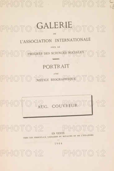Galerie de l'Association international for the progress of social sciences : portrait with notice biographique, Edouard Sève, book, writer (clerical worker): attributed to Édouard Sève, printer (person): attributed to Bols-Wittouck, Brussels, 1864, Édouard Sève, Bols-Wittouck, writer (clerical worker), printer (person), Attributed to, paper, printing, lithography, albumen print, height 251 mm x width 169 mm x thickness 2 mm, A cream-colored page with centered printed lines in a serif typeface, a rectangular bordered label set at an angle toward the lower middle containing additional printed words, a small horizontal ornamental dash above a larger heading, and lighter printed text near the bottom of the page.
