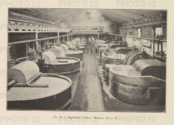 View of a workshop with paper mills in the Godin paper factory in Huy, page, photomechanical print, inscription: 'Fig. 6. - Papeteries Godin: Moulins VII et IV.', monogram: 'AN', photographer: unknown, Huy, cliché maker: Jean Malvaux, c. 1901 - in or before 1906, Hoei, paper, autotypie, height 110 mm x width 171 mm, workshop interior, A wide industrial interior shows a long central aisle flanked by parallel rows of large circular vats with rounded covers and curved rims, connected by visible pipes and mechanical wheels mounted on vertical supports along the sides, with a raised walkway and railing above the left row, a pitched roof with exposed rafters, several windows along the right wall, and a few people standing or walking near the far end of the room.