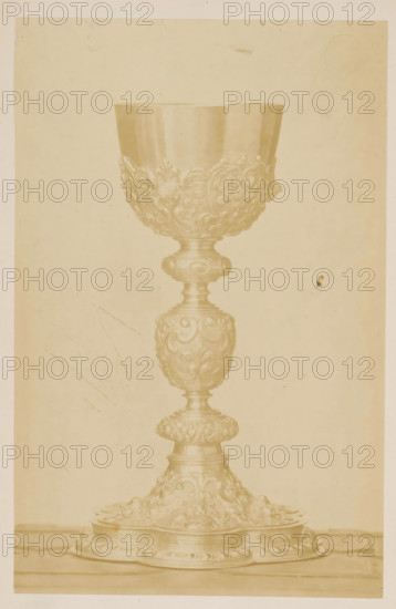Chalice, photograph, page, c. 1870 - in or before 1875, photographer, paper, albumen print, height 189 mm x width 121 mm, A tall ornate chalice with a wide bowl and a detailed, carved stem stands centered on a flat surface, shown against a plain, light background; the bowl and stem feature floral and scrollwork reliefs and rounded decorative nodes, and the base spreads outward with layered circular platforms and more ornamental relief; the image has a sepia tone and shows faint scratches and small blemishes on the background.