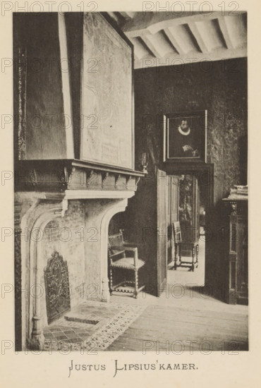 Interior of Christoffel Plantijn's house, Justus Lipsius' room, page, photomechanical print, maker: Joseph Maes, c. 1881 - in or before 1886, paper, collotype, photoprint, height 160 mm x width 110 mm, Print on third unnumbered page after page 120., interior of the house, chimney-piece, mantelpiece, A sepia photograph of an interior showing a large stone fireplace with a carved mantel and a patterned hearth, an ornate decorative fireback leaning inside the hearth, and a wooden chair with turned legs and upholstery placed near the fireplace; a doorway beside the fireplace opens into another room where another similar chair is visible, and above the doorway a framed portrait hangs on a textured wall beneath a beamed ceiling.