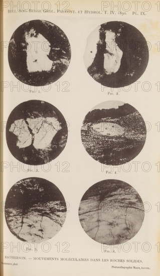 Overview of six microscopic magnifications of molecular motion in rocks, Macpherson. Mouvements moléculaires dans les roches solids, page, photomechanical print, inscription: 'Bull. Soc. Belge de Geol. de Paleont. et Hydrol. T.IV. 1890. l. IX', inscription: 'Macpherson, photo.', photographer: unknown, maker: Maes, c. 1885 - in or before 1890, paper, autotypie, height 186 mm x width 119 mm, rocks, geology, The image shows a vertical page with six round black-and-white circular photographs arranged in two columns and three rows on a pale background, each circle containing textured, mottled patterns resembling irregular light and dark areas and fracture-like lines; the top left circle has a lighter irregular central shape surrounded by darker speckled border, the top right circle shows a vertical lighter area against a darker surrounding, the middle left circle contains two adjacent lighter masses with branching cracks, the middle right circle presents an elongated lighter oval set within...